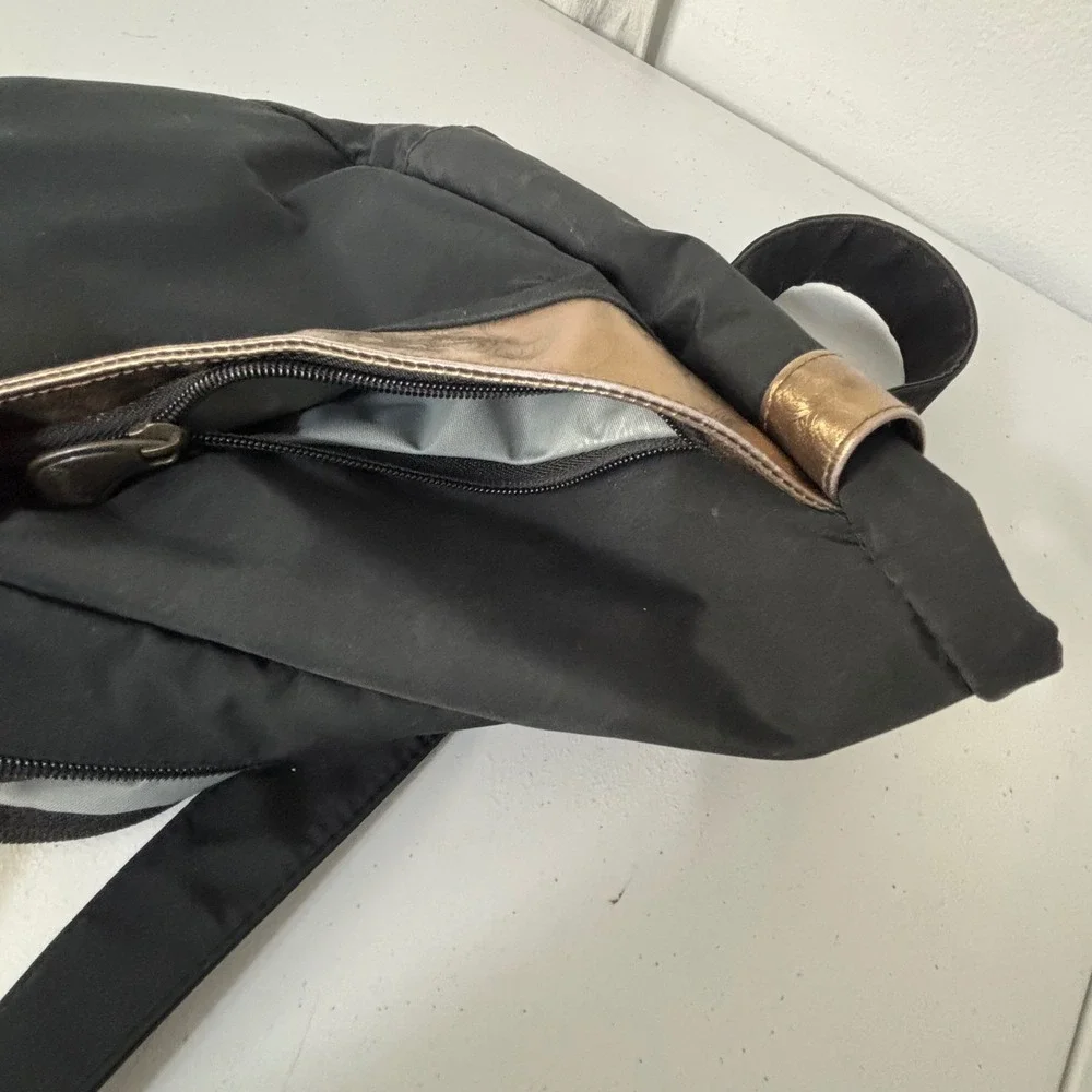 Vtg AmeriBag Healthy Back Bag Black Nylon Sling Backpack Metallic Gold Trim